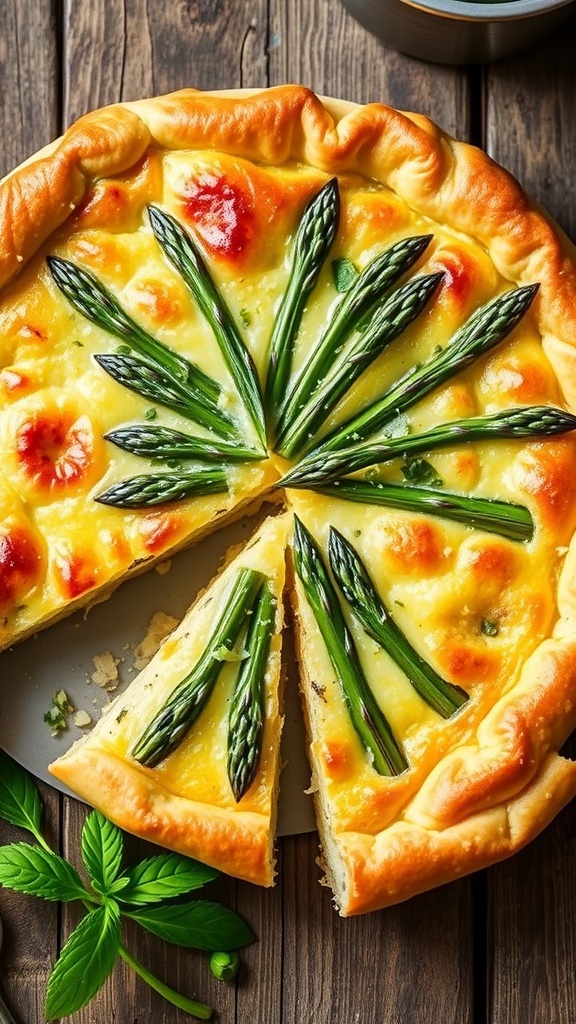 A slice of asparagus and cheese quiche on a wooden table, highlighting the flaky crust and green asparagus filling.